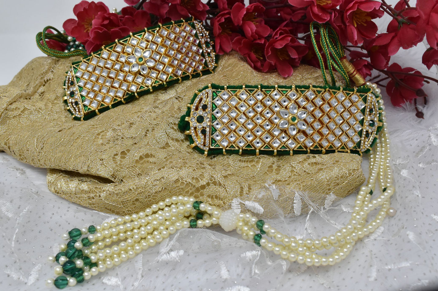 Fashionable Rajputi  Green Gold Plated Bajuband beaded with White Kundan and Moti Mala Loom