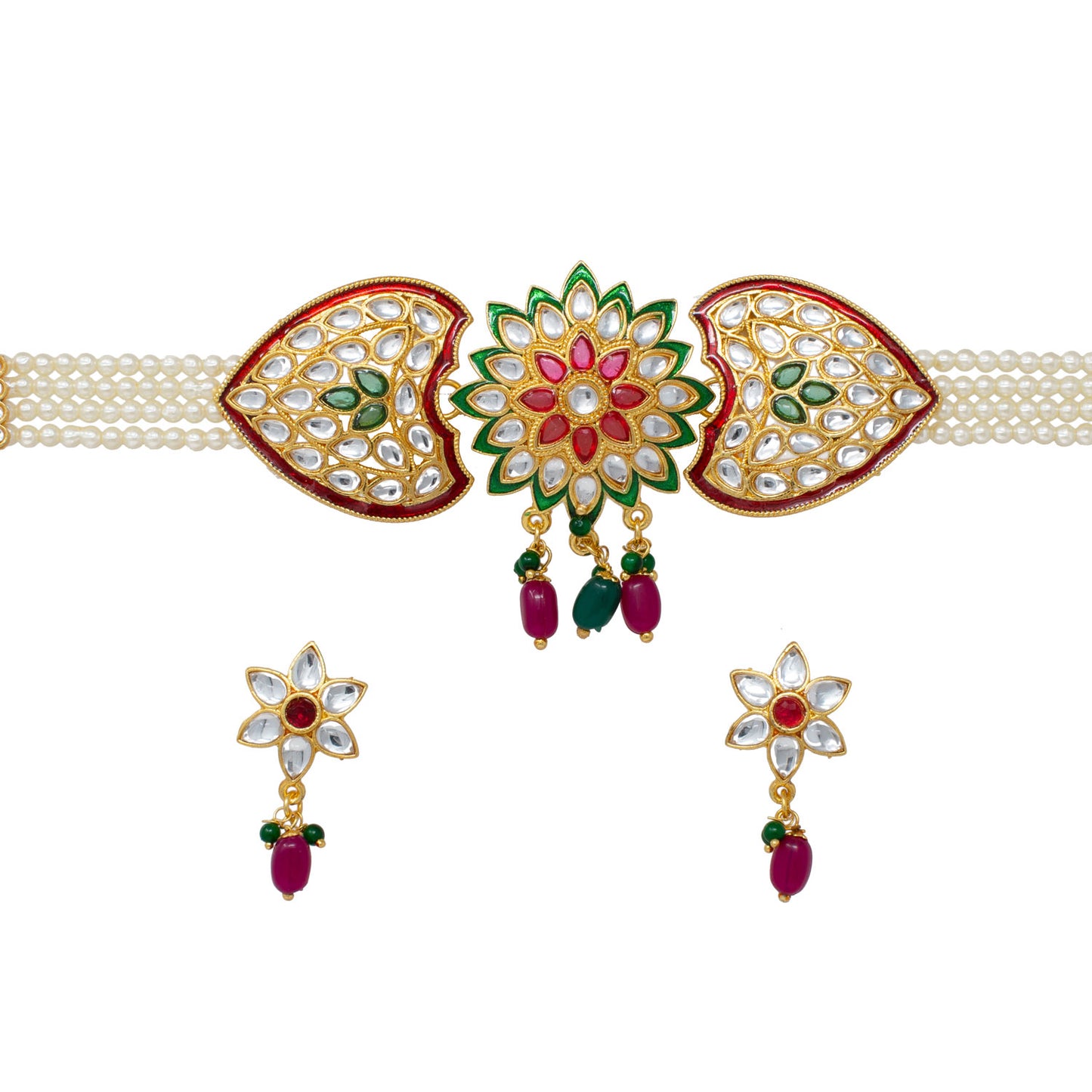 Stylish Kundan Work pink and green color Pearl Choker Set Multicolor