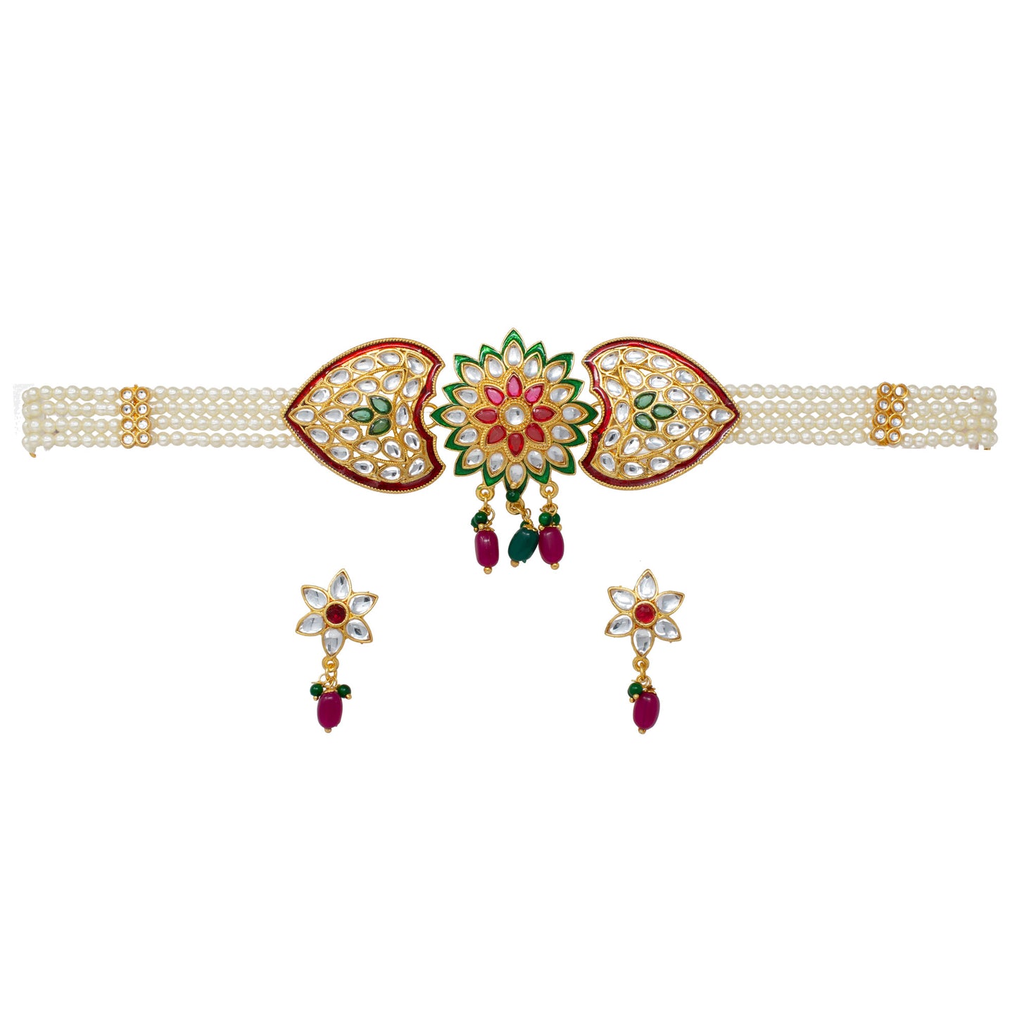 Stylish Kundan Work pink and green color Pearl Choker Set Multicolor