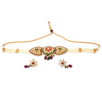 Stylish Kundan Work pink and green color Pearl Choker Set Multicolor