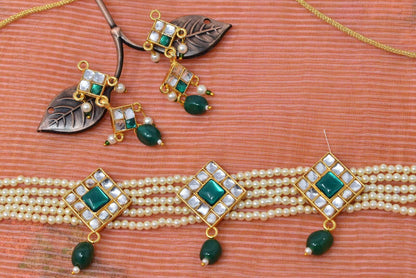 Rajputi Chik Set in Kundan and Green Stone Work