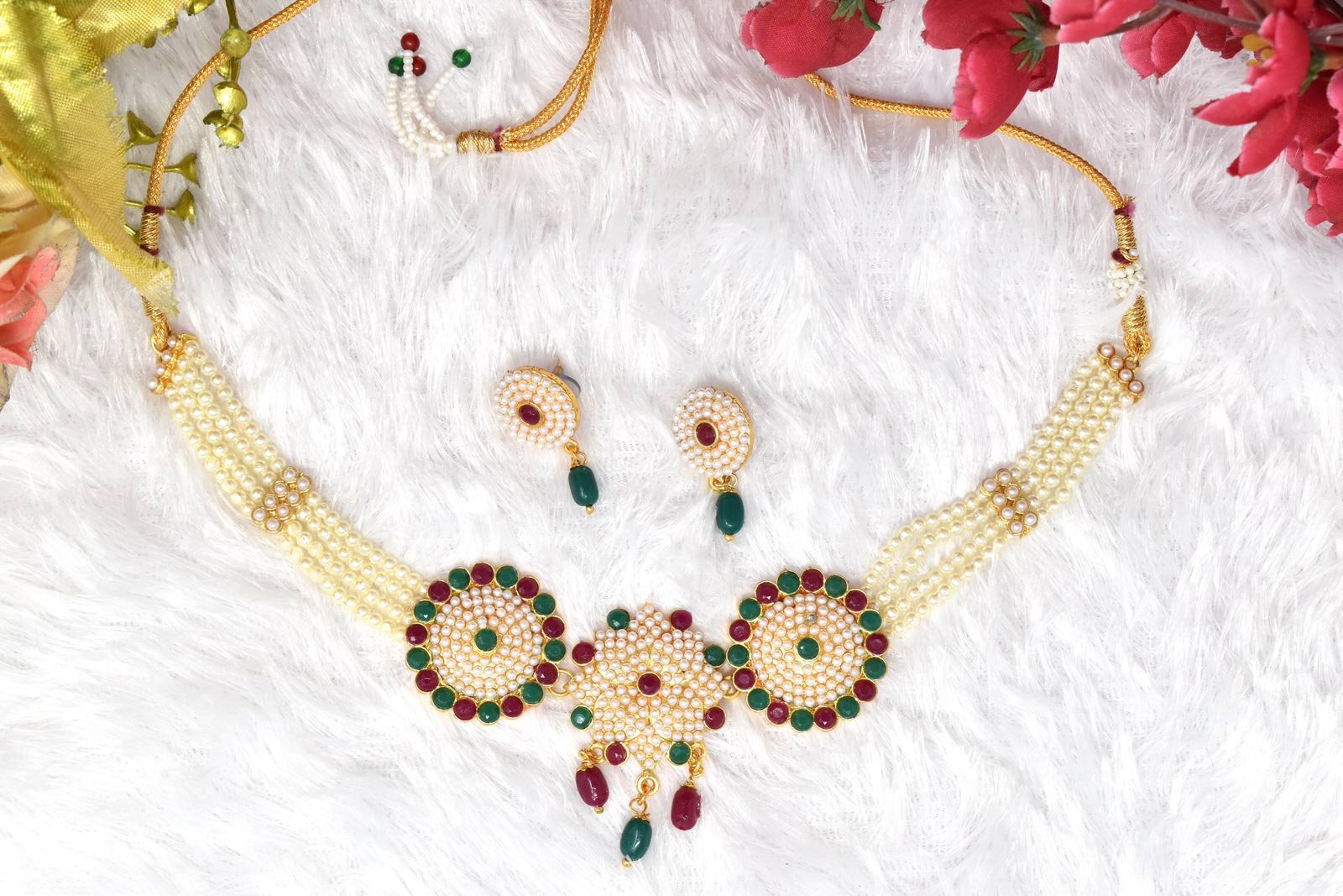 Trendy Rajputi Multy Color stone and White Moti Choker Set