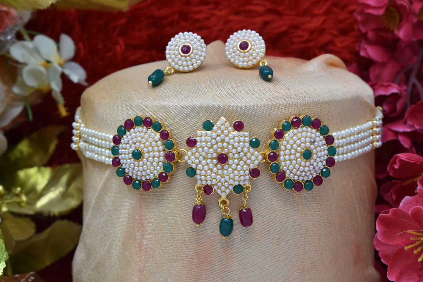 Trendy Rajputi Multy Color stone and White Moti Choker Set