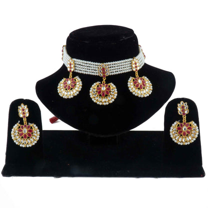 American Diamond embedded Gold plated Moti Choker Set