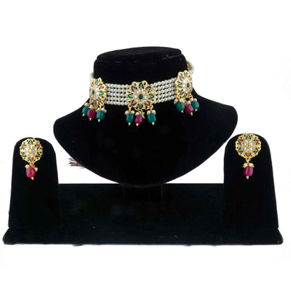 American Diamond embedded Gold plated Moti Choker Set