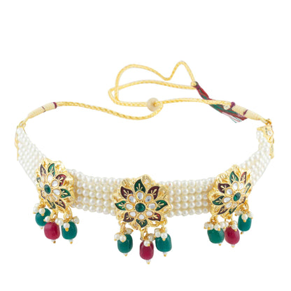 American Diamond embedded Gold plated Moti Choker Set