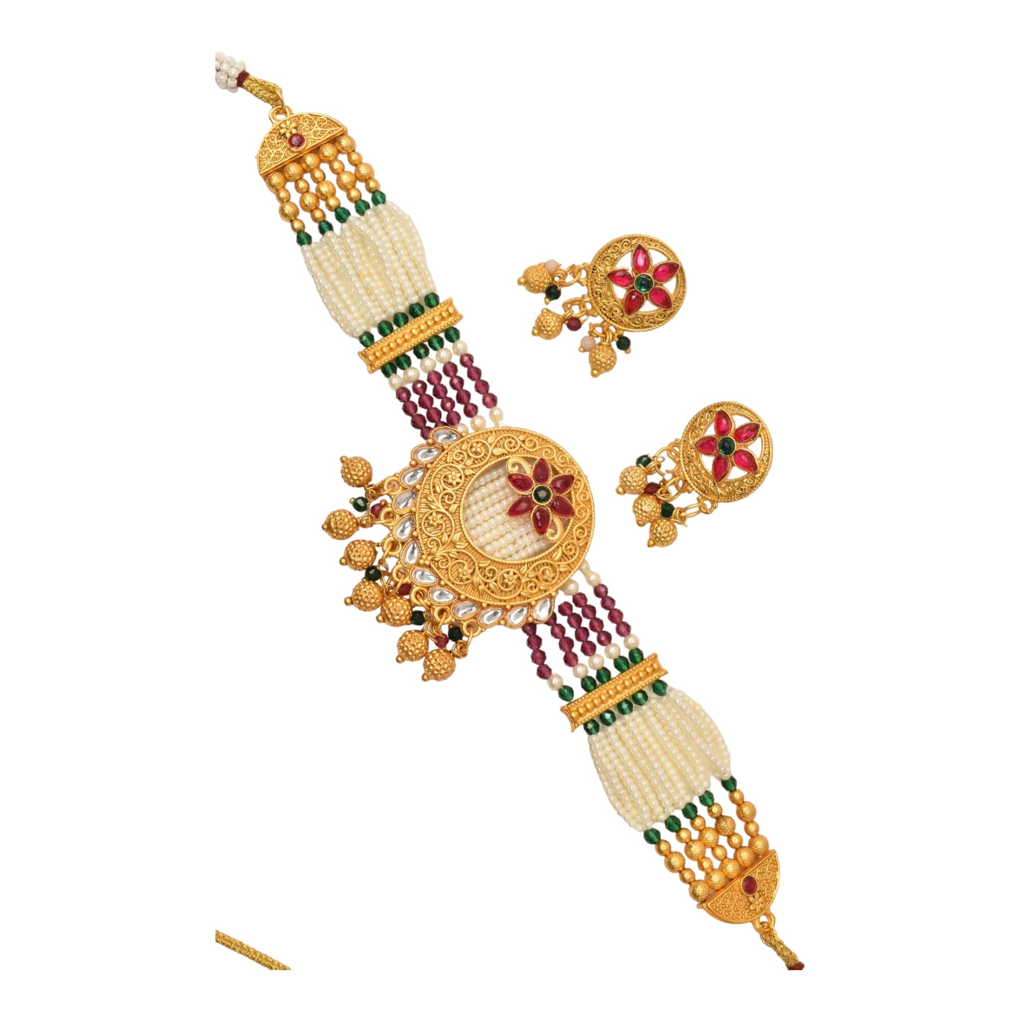 Gold Plated Heavy Designer Necklace jadau kundan pearl choker set with earrings