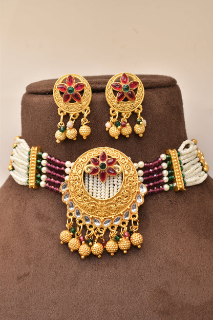 Gold Plated Heavy Designer Necklace jadau kundan pearl choker set with earrings