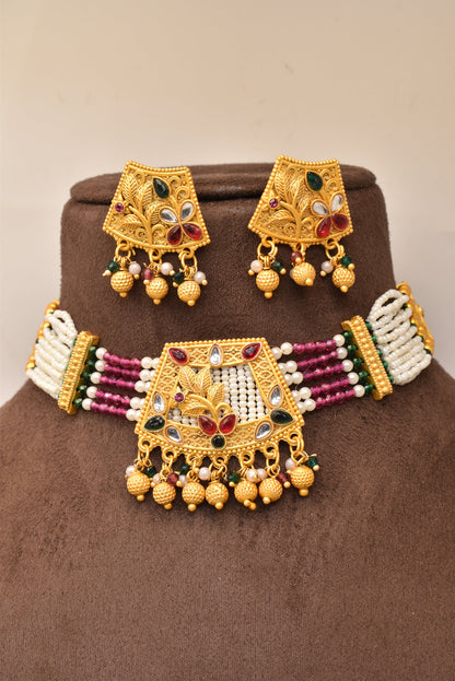 Gold Plated Heavy Designer Latest Necklace jadau Jaipuri kundan pearl choker set with earrings