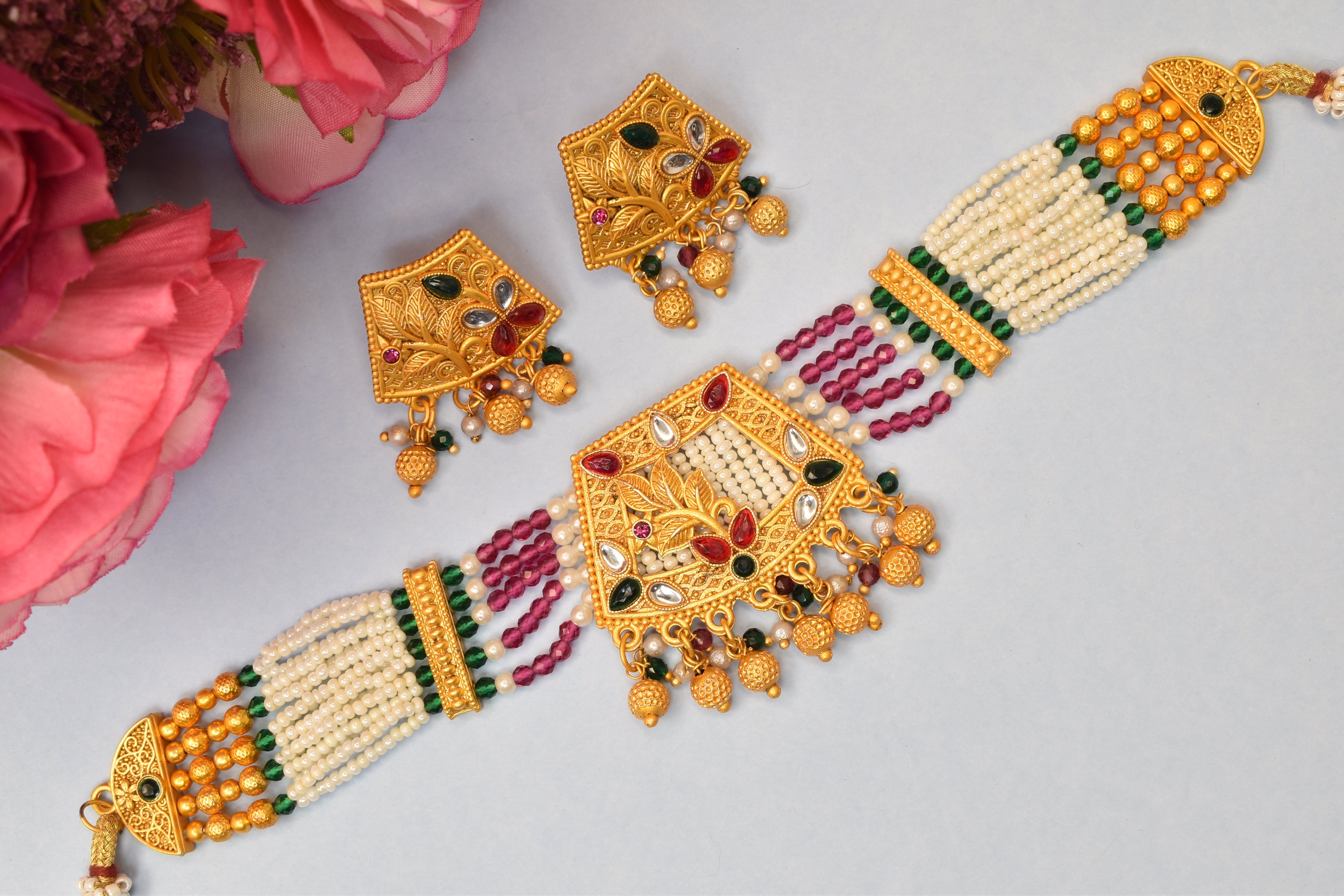 Gold Plated Heavy Designer Latest Necklace jadau Jaipuri kundan pearl choker set with earrings