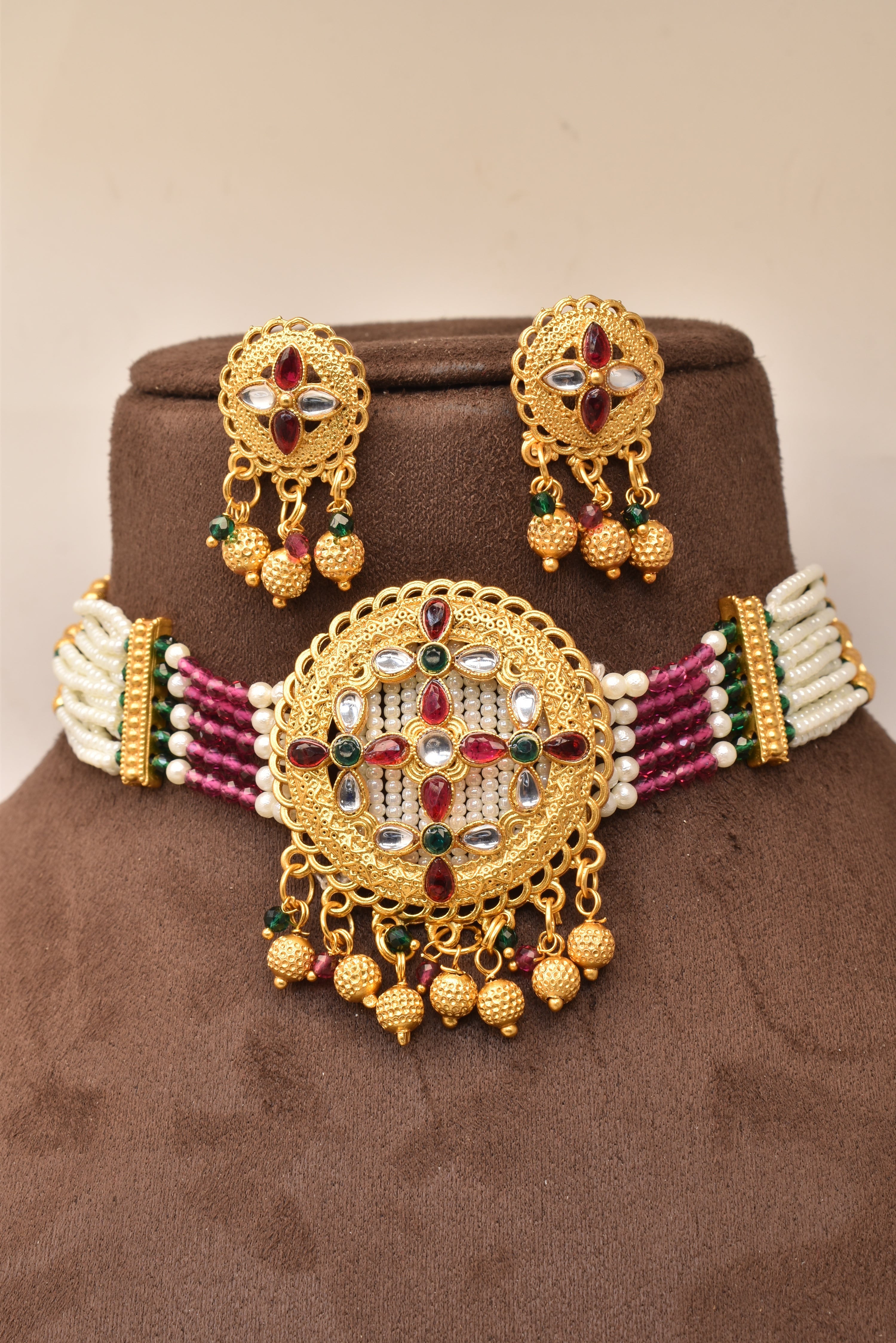 Gold Plated Heavy Designer Latest Necklace jadau Jaipuri kundan pearl choker set with earrings