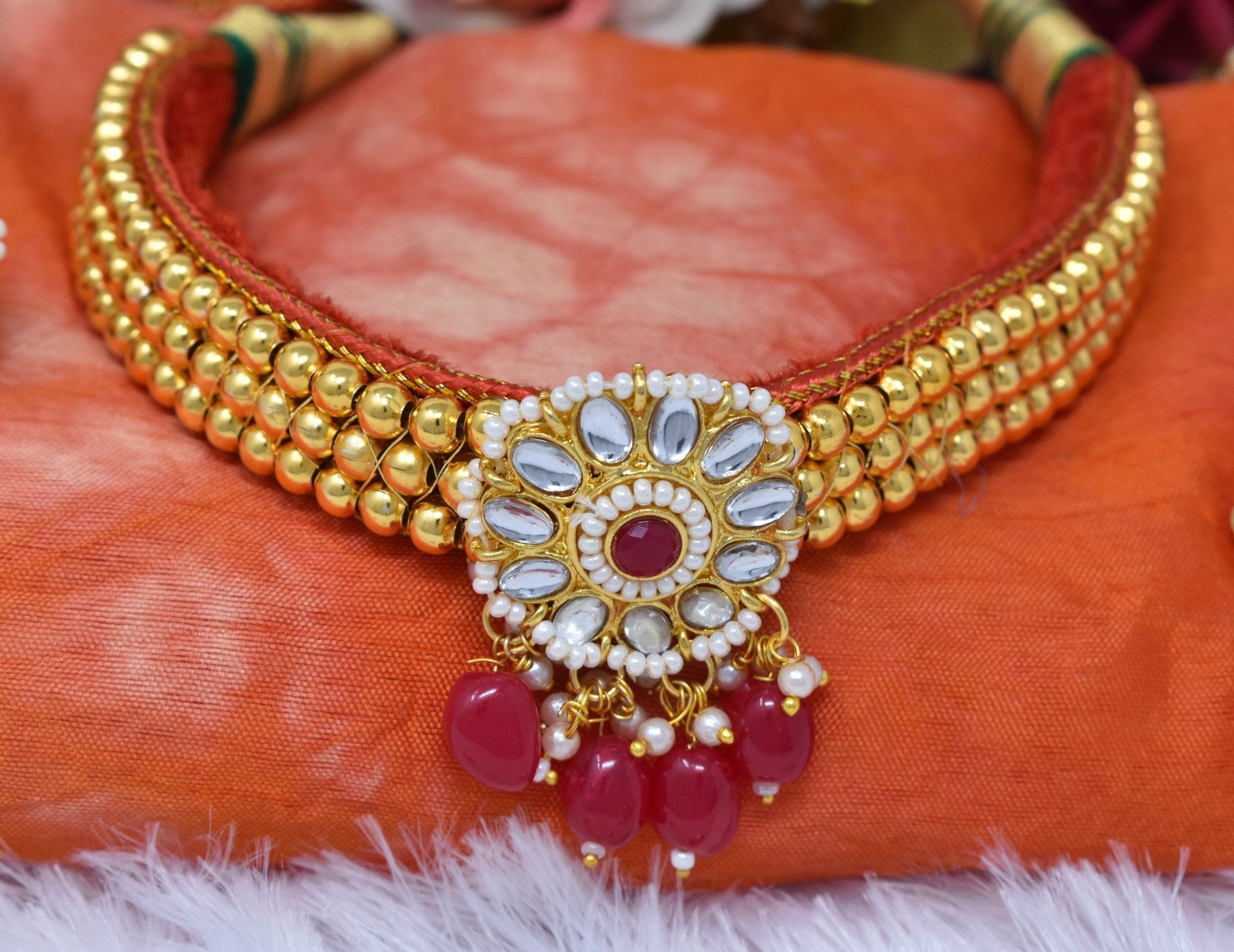Indian Jewellery from Meira Jewellery:Rajasthani Jewellery,Rajputi Traditional Rose Color Choker, Kanthi Combo Set