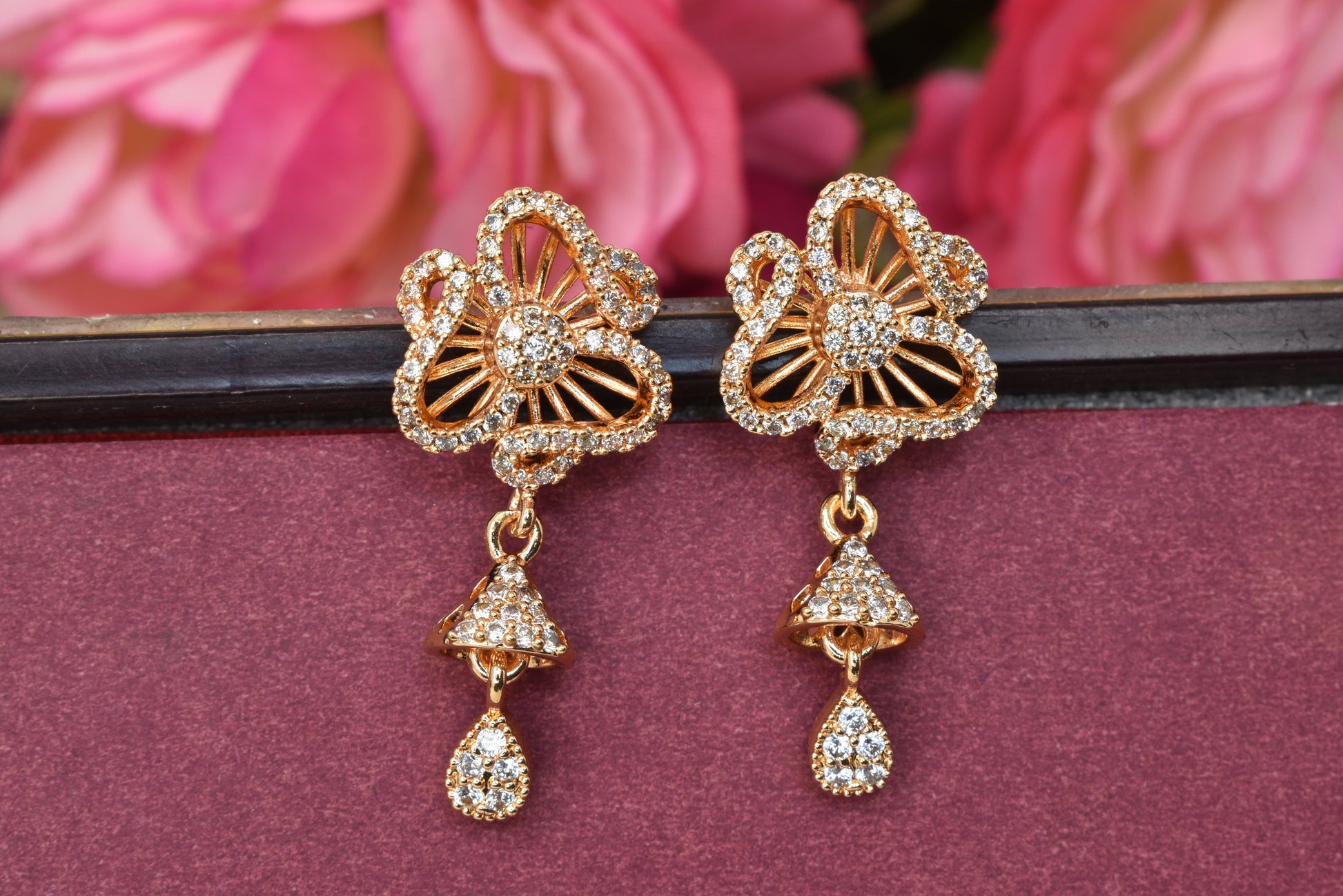 Rose gold plated earrings,bali earrings,stud,huggis,Jhumaka,jhumki big earrings,long earrings,earrings for girls,partywear earrings,bollywood earrings,wedding earrings,heavy designer earrings,