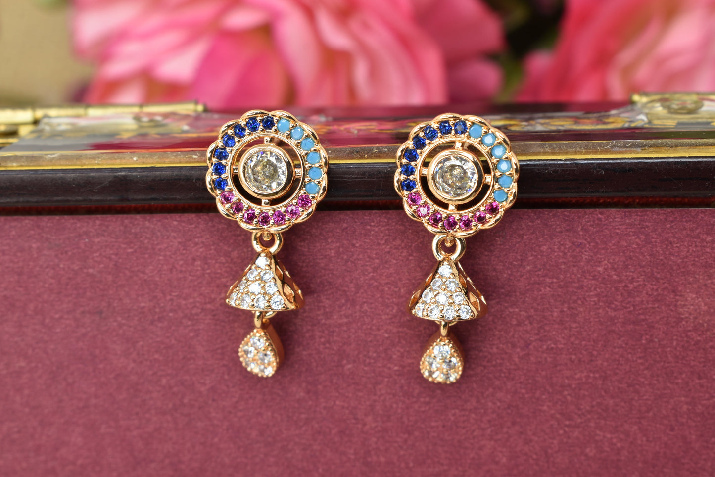 Rose gold plated earrings,bali earrings,stud,huggis,Jhumaka,jhumki big earrings,long earrings,earrings for girls,partywear earrings,bollywood earrings,wedding earrings,heavy designer earrings,