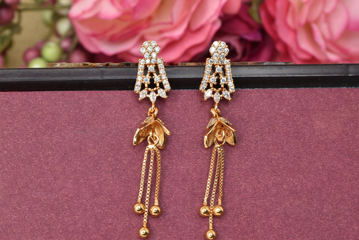 Rose gold plated earrings,bali earrings,stud,huggis,Jhumaka,jhumki big earrings,long earrings,earrings for girls,partywear earrings,bollywood earrings,wedding earrings,heavy designer earrings,