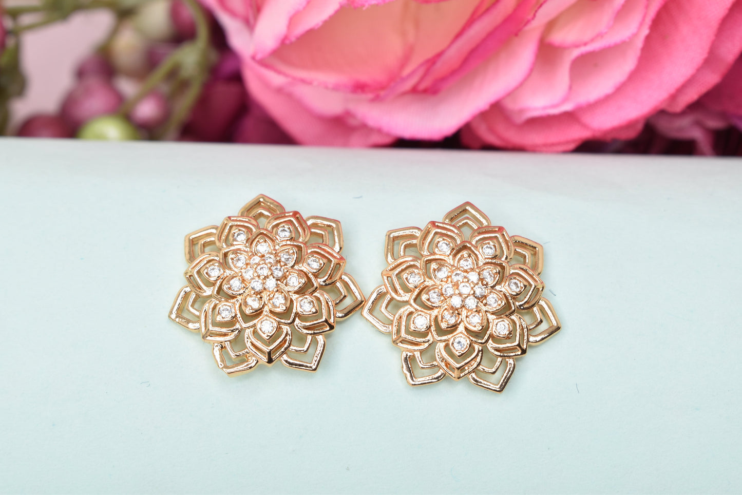 Rose gold plated earrings,bali earrings,stud,huggis,Jhumaka,jhumki big earrings,long earrings,earrings for girls,partywear earrings,bollywood earrings,wedding earrings,heavy designer earrings,