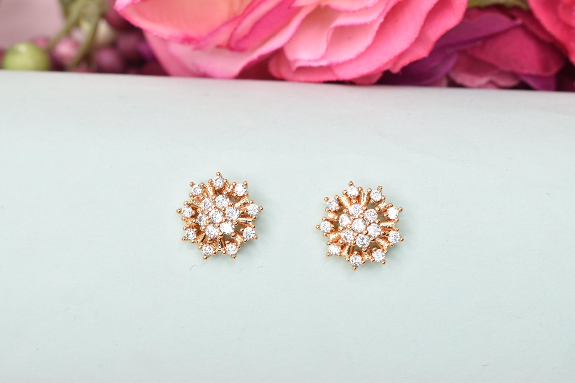 Rose gold plated earrings,bali earrings,stud,huggis,Jhumaka,jhumki big earrings,long earrings,earrings for girls,partywear earrings,bollywood earrings,wedding earrings,heavy designer earrings,