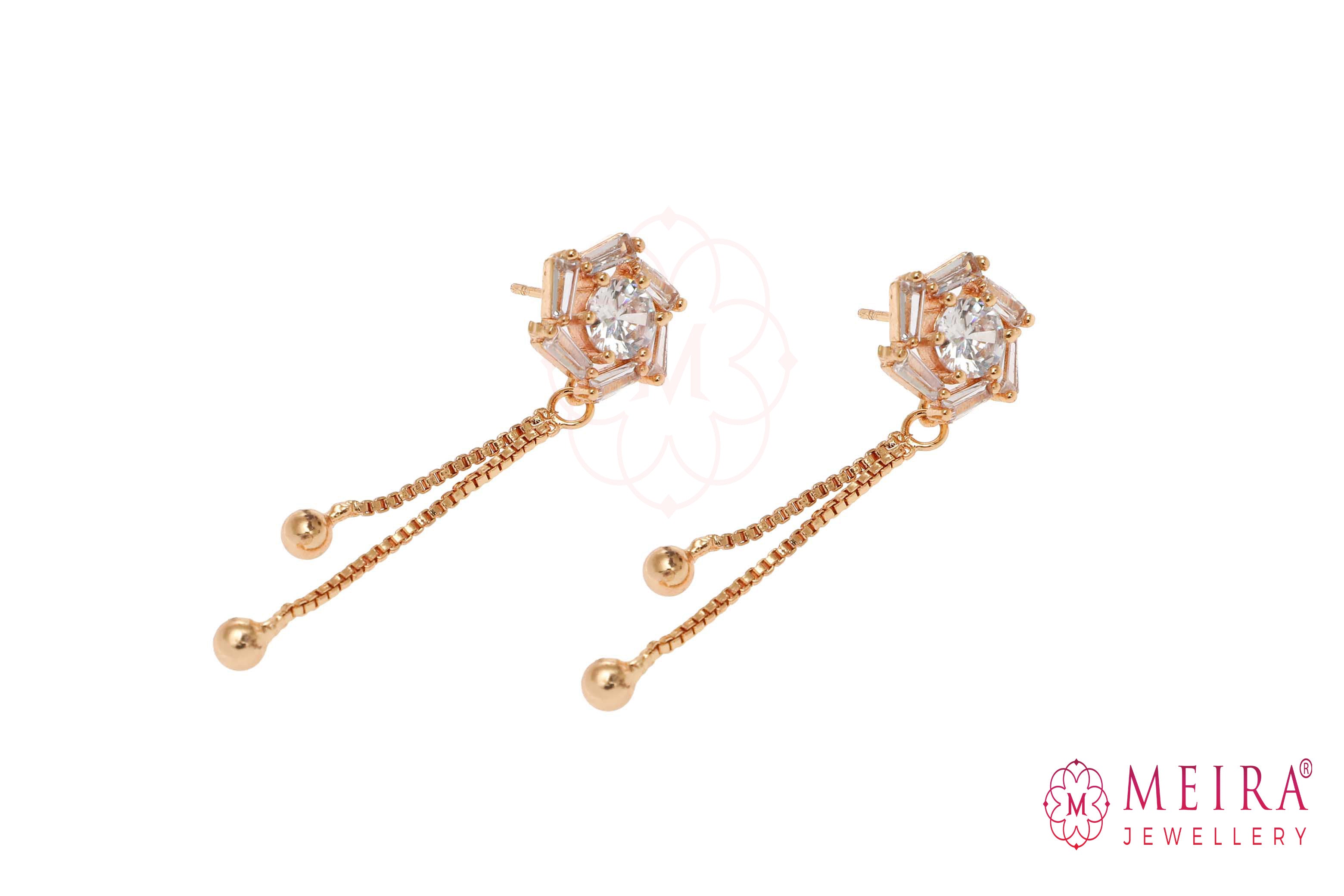 Indian Jewellery from Meira Jewellery:Earrings,Rose Gold Plated Rose design CZ studded Dangle Earring