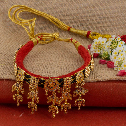 Golden and white combination Beads studded Kanthi with AD Pendal