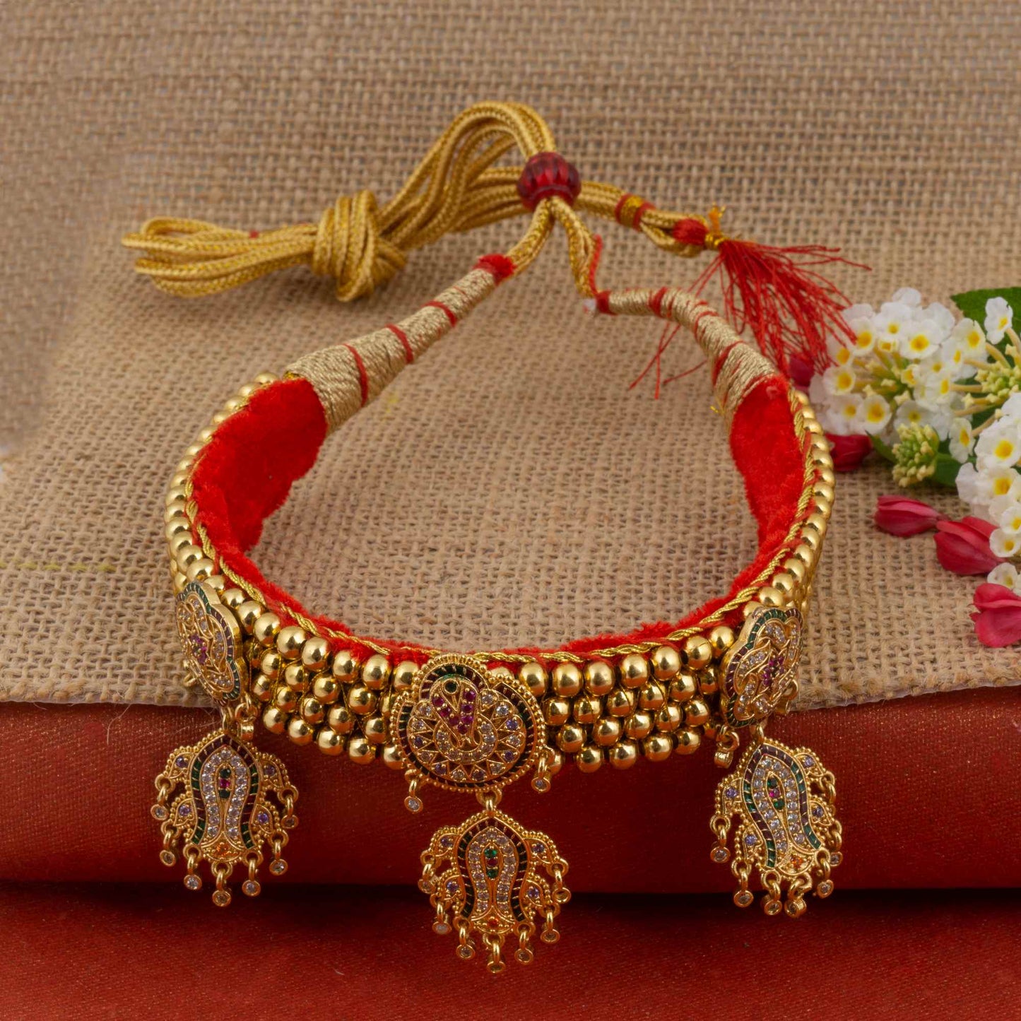 Golden and white combination Beads studded Kanthi with AD Pendal