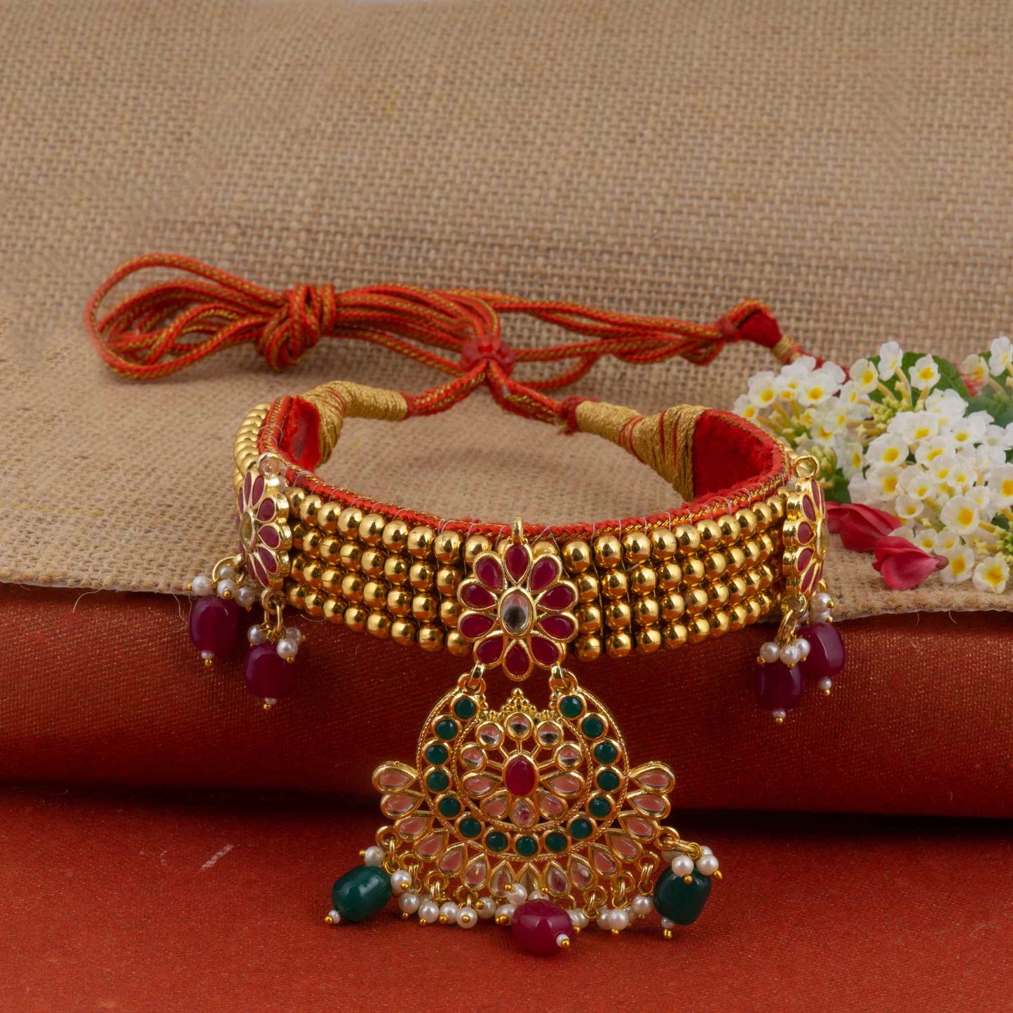 Golden and white combination Beads studded Kanthi with AD Pendal