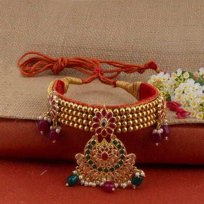 Golden and white combination Beads studded Kanthi with AD Pendal