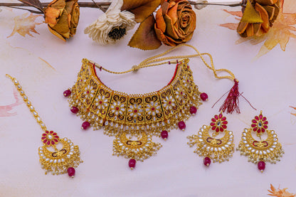 Traditional Pink color pearl and AD studded Golden Kanthi set for Women