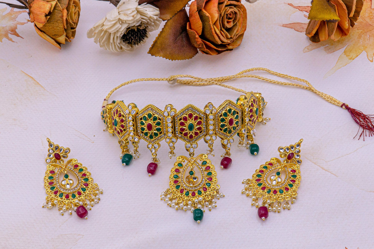 Traditional Pink color pearl and AD studded Golden Kanthi set for Women