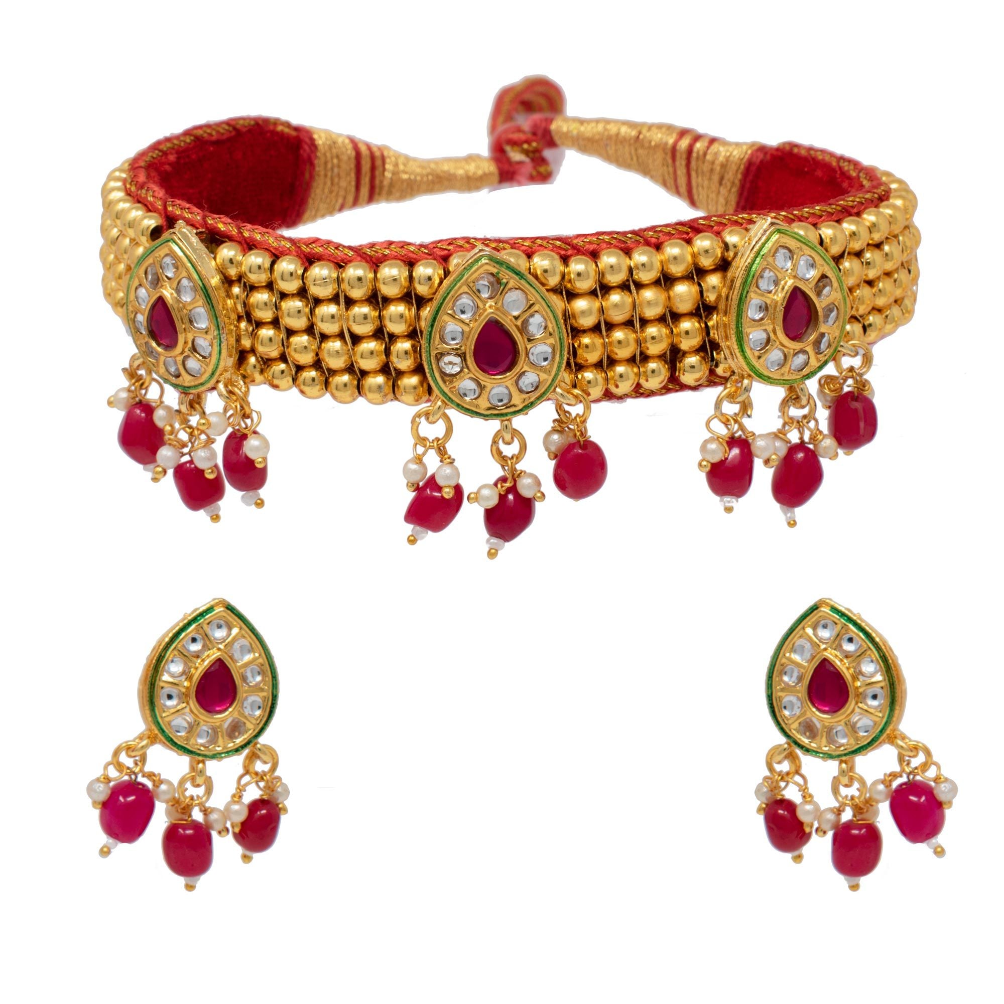 Golden Beads  Kanthi with  3 Leaf design Pendal  with red pearl and kundan work 