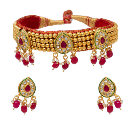 Golden Beads  Kanthi with  3 Leaf design Pendal  with red pearl and kundan work 