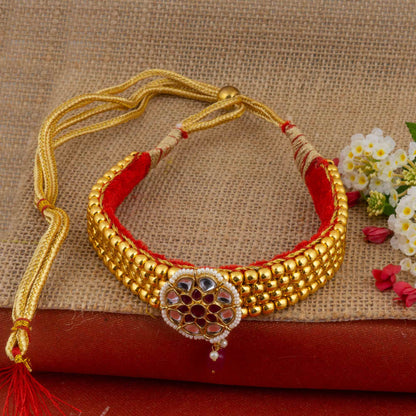 Golden and white combination Beads studded Kanthi with AD Pendal