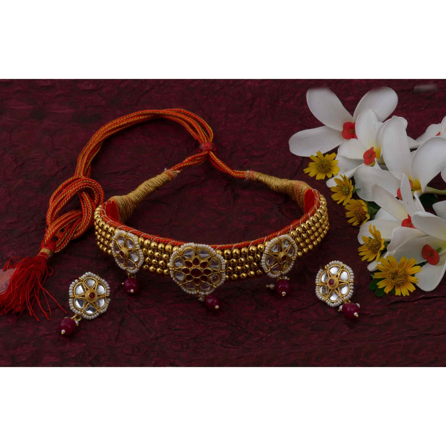 Golden and white combination Beads studded Kanthi with AD Pendal