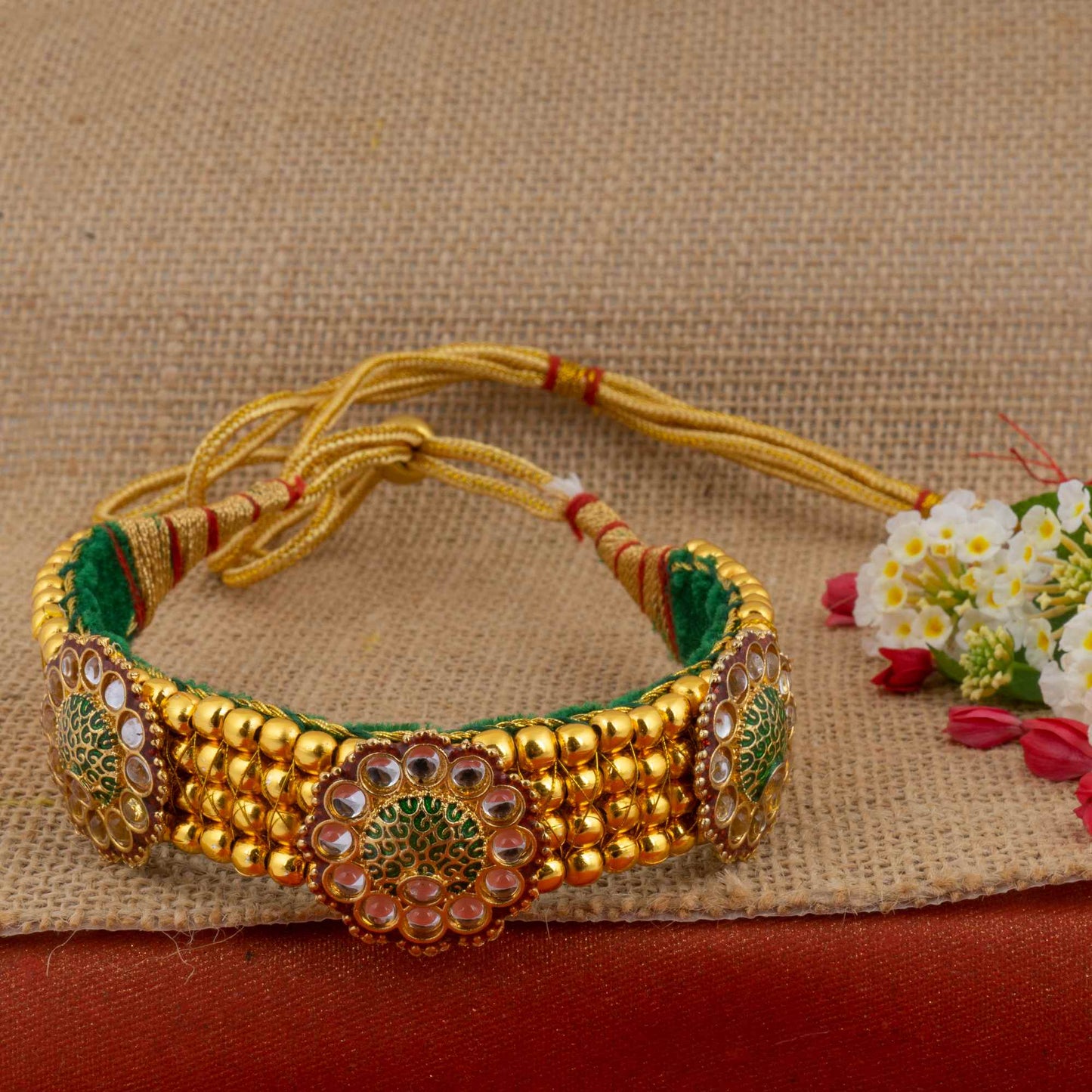 Golden and white combination Beads studded Kanthi with AD Pendal