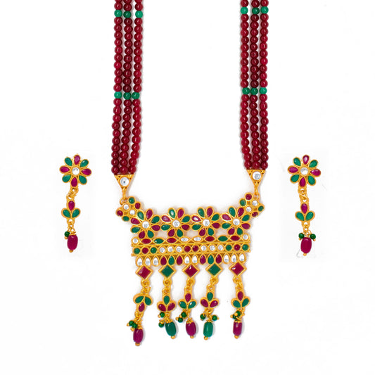 Ethnic Gold Plated Multy color Kundan Work Long set with Moti Mala Chain