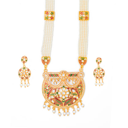 Fashionable Gold Plated Meenakari and Kundan Work Long set with Moti Mala Chain