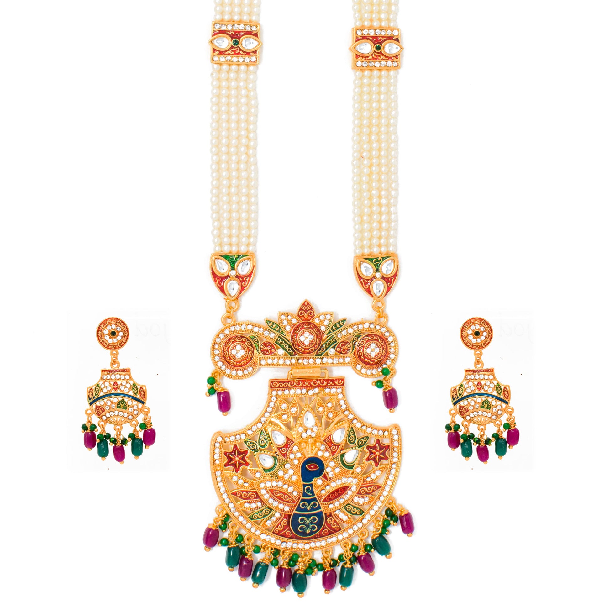 Attractive Gold Plated Meenakari and AD Work Long set with Moti Mala Chain