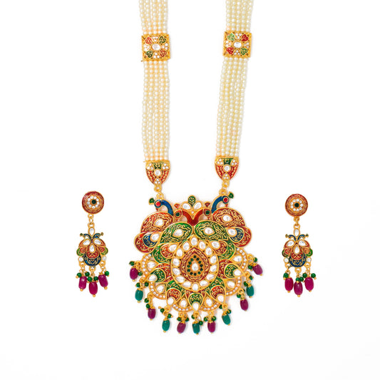 Eye Catchy Gold Plated Meenakari and Kundan Work Long set with Moti Mala Chain