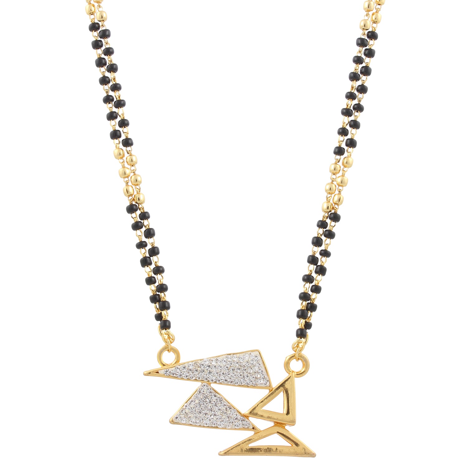 Gold Plated, Diamond Shaped, White Stoned Mangalsutra with Gold and Black beads