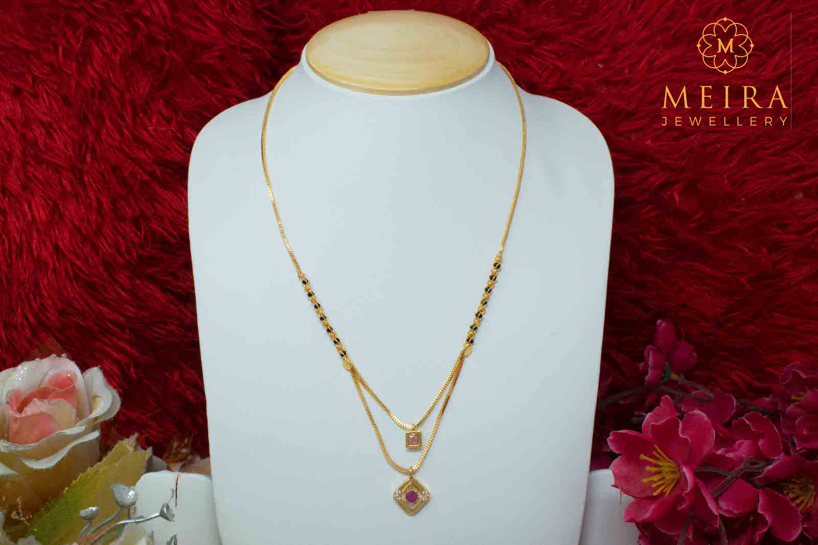 Eye catchy two step Mangalsutra with Pink Pendants