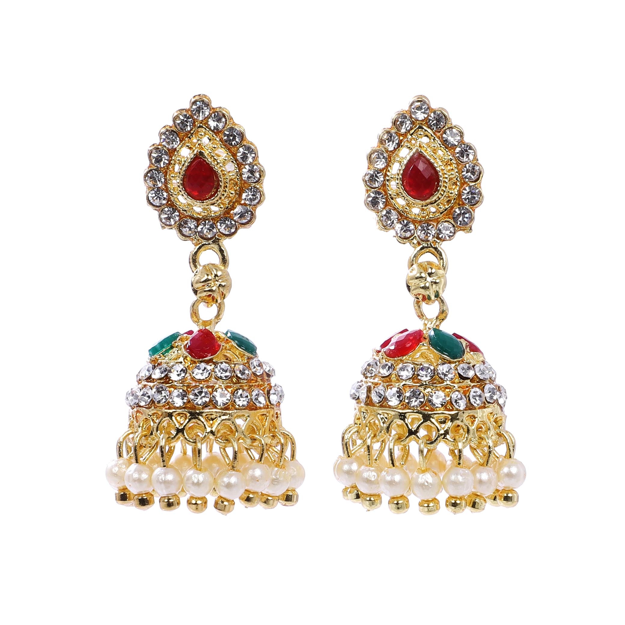 Indian Jewellery from Meira Jewellery:Earrings,Trendy Golden Stone Red Green Chips  design Jhumki