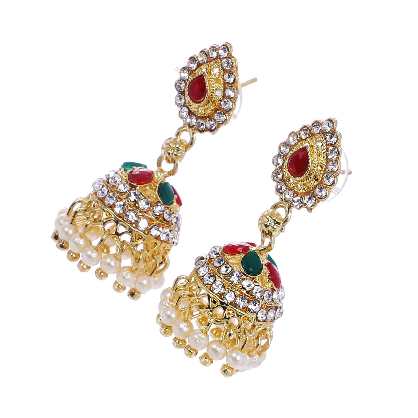 Indian Jewellery from Meira Jewellery:Earrings,Trendy Golden Stone Red Green Chips  design Jhumki