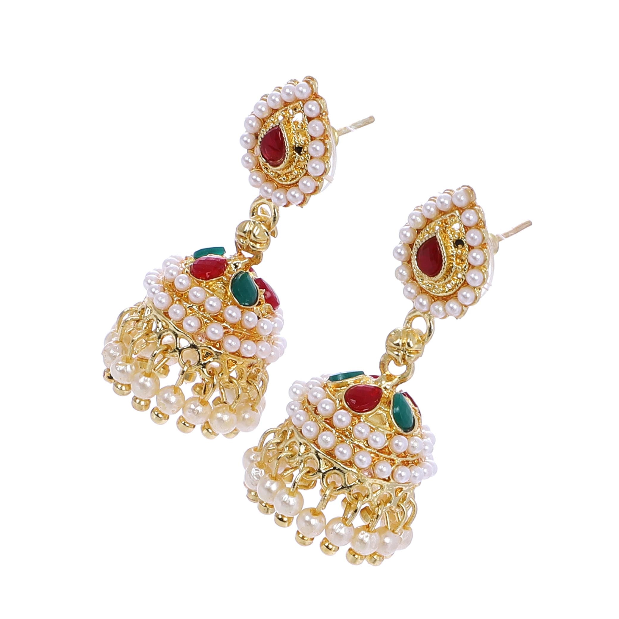 Indian Jewellery from Meira Jewellery:Earrings,Trendy Oxodised Pearl Red Green Chips design Jhumki