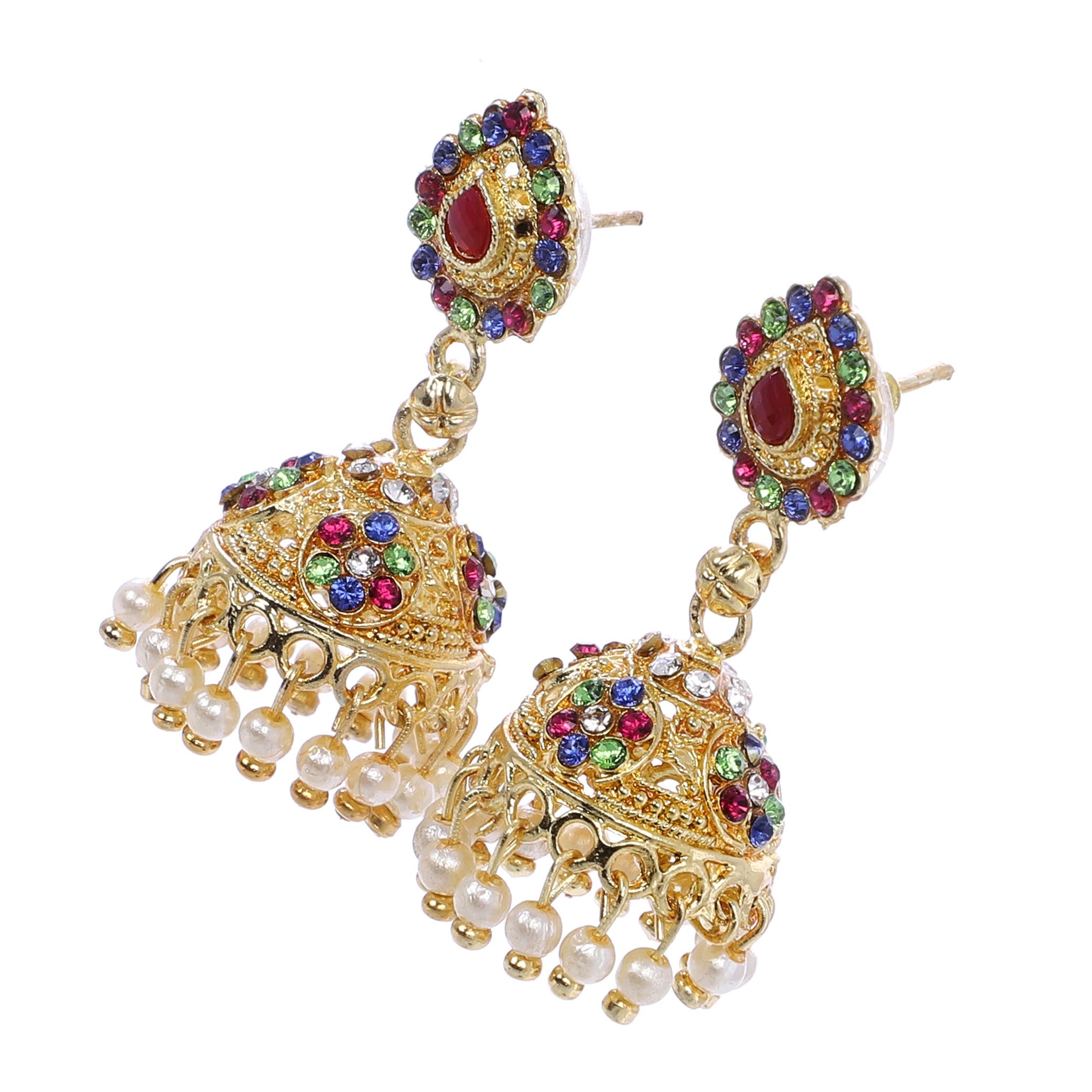 Indian Jewellery from Meira Jewellery:Earrings,Trendy Golden Pearl Tilak & Stone design Jhumki