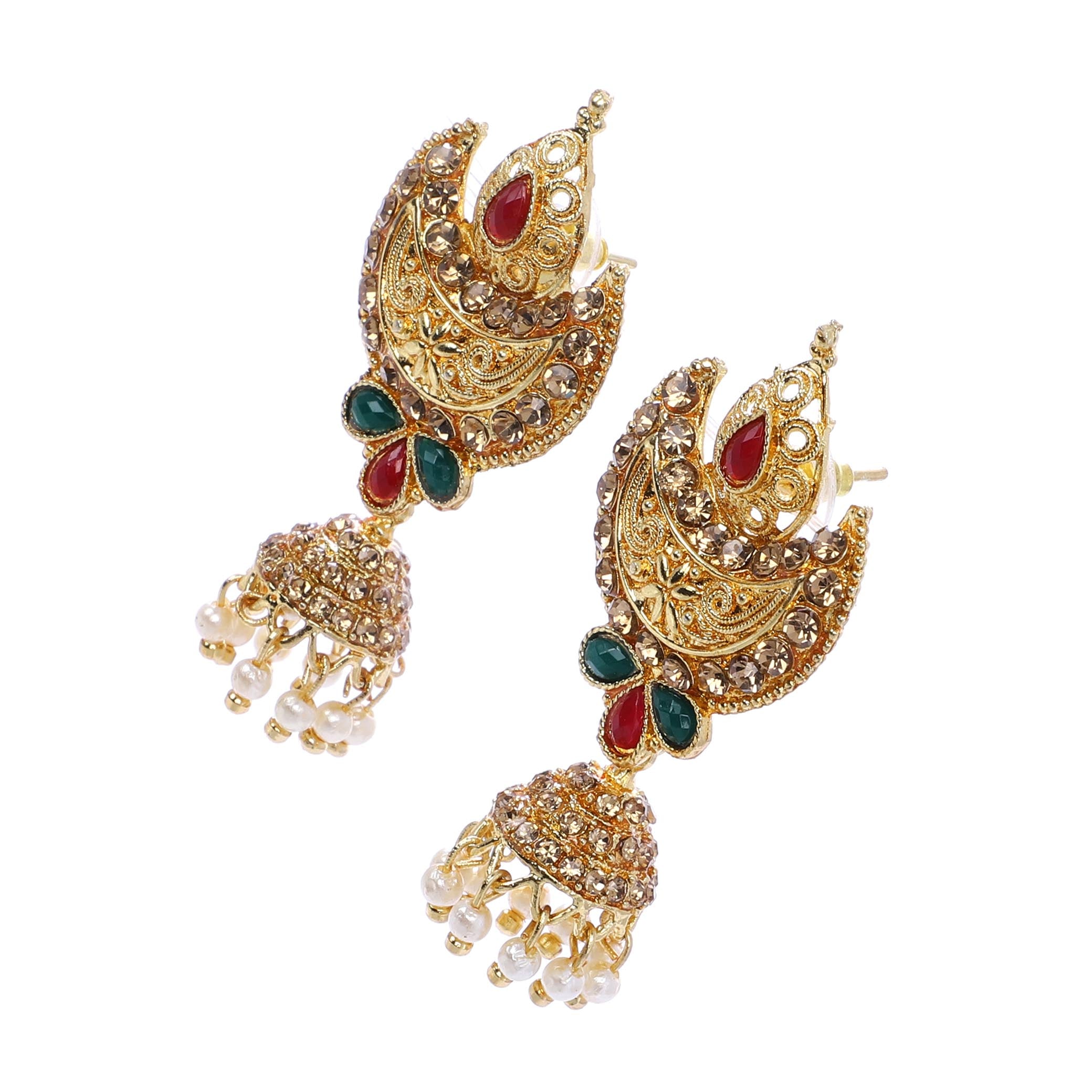 Indian Jewellery from Meira Jewellery:Earrings,Trendy Golden Pearl Moon Design LCD Stone Jhumki Style Earring