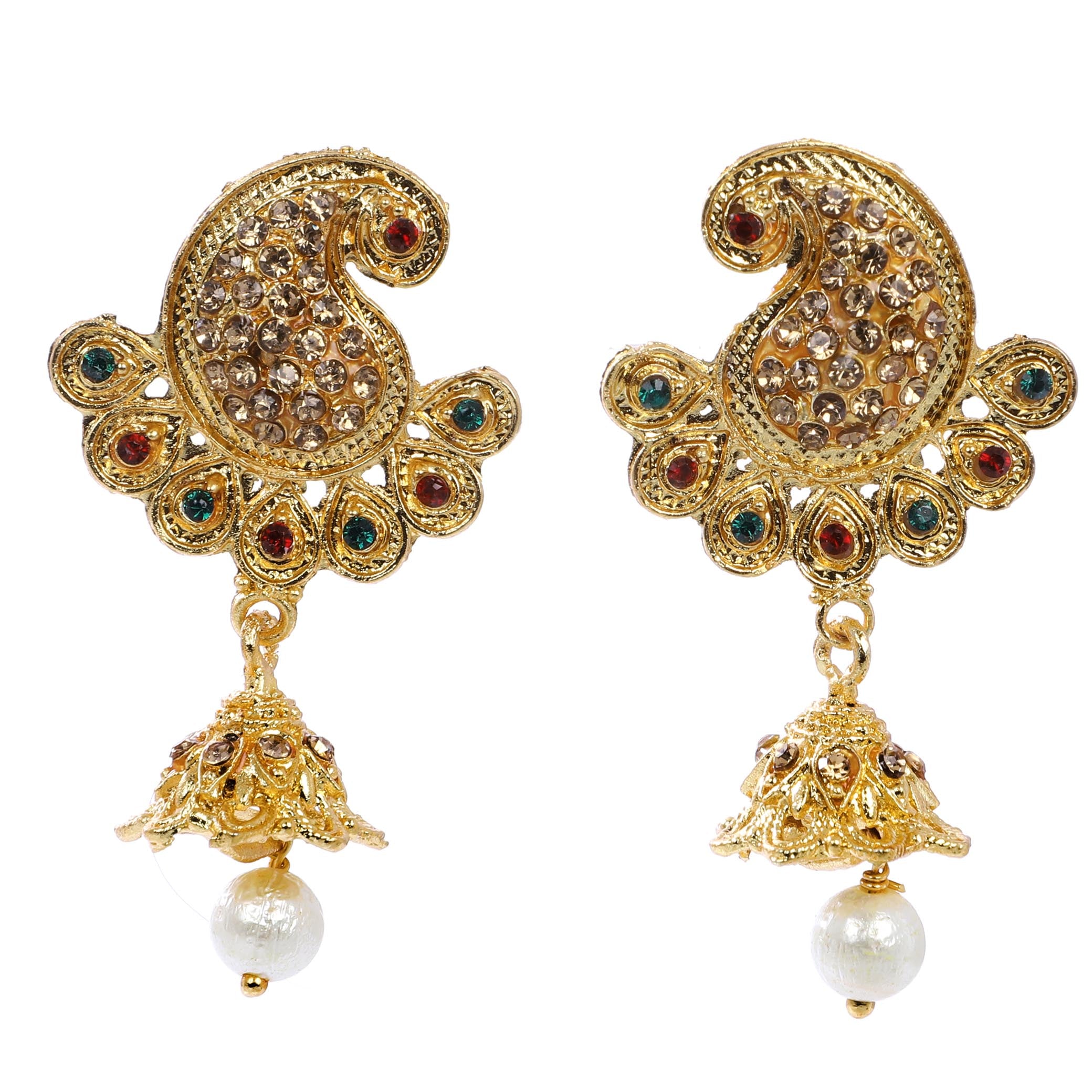 Indian Jewellery from Meira Jewellery:Earrings,Trendy Golden Pearl Peacock Design Stone Jhumki Style Earring