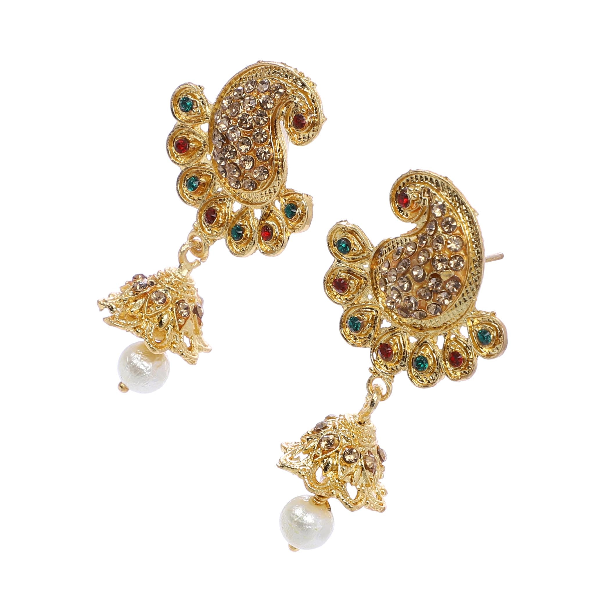 Indian Jewellery from Meira Jewellery:Earrings,Trendy Golden Pearl Peacock Design Stone Jhumki Style Earring