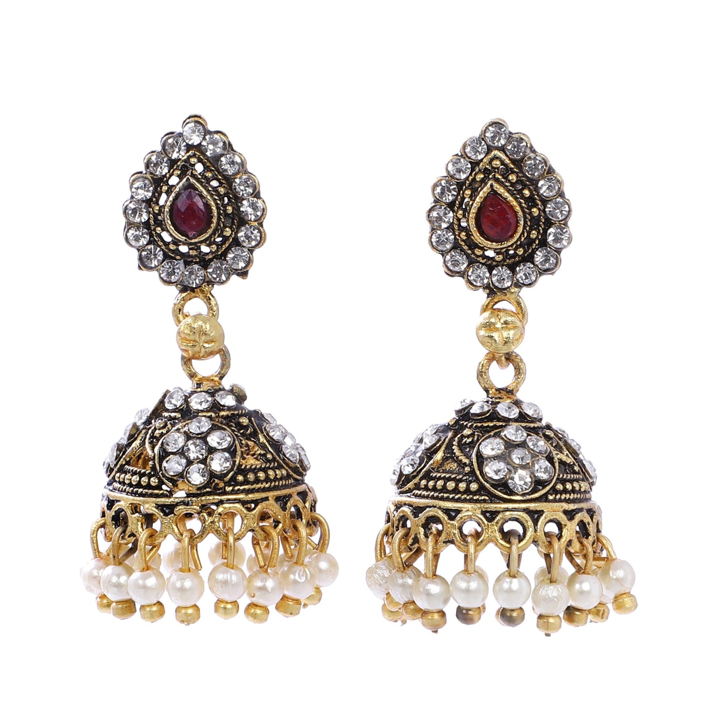 Indian Jewellery from Meira Jewellery:Earrings,Trendy Oxodised Pearl Tilak & Stone design Jhumki