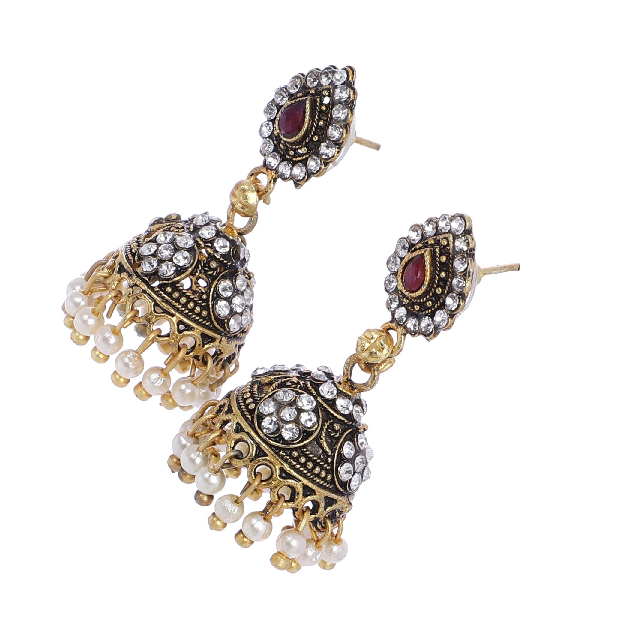 Indian Jewellery from Meira Jewellery:Earrings,Trendy Oxodised Pearl Tilak & Stone design Jhumki