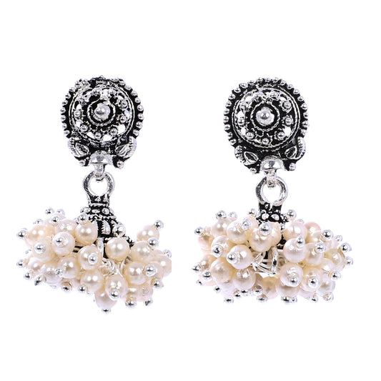 Indian Jewellery from Meira Jewellery:Earrings,Fancy Silver Oxodized Earring White Pearl