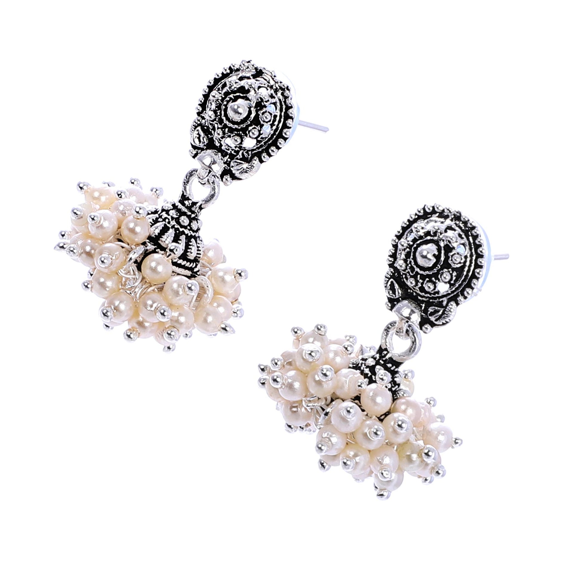 Indian Jewellery from Meira Jewellery:Earrings,Fancy Silver Oxodized Earring White Pearl